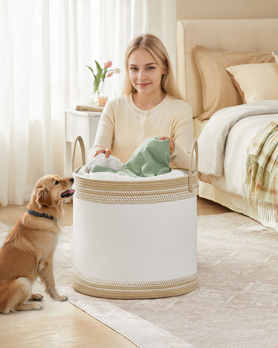 Laundry Hamper – Fabric – Camel Brown – 90 L with Lid and Drawstring Closure