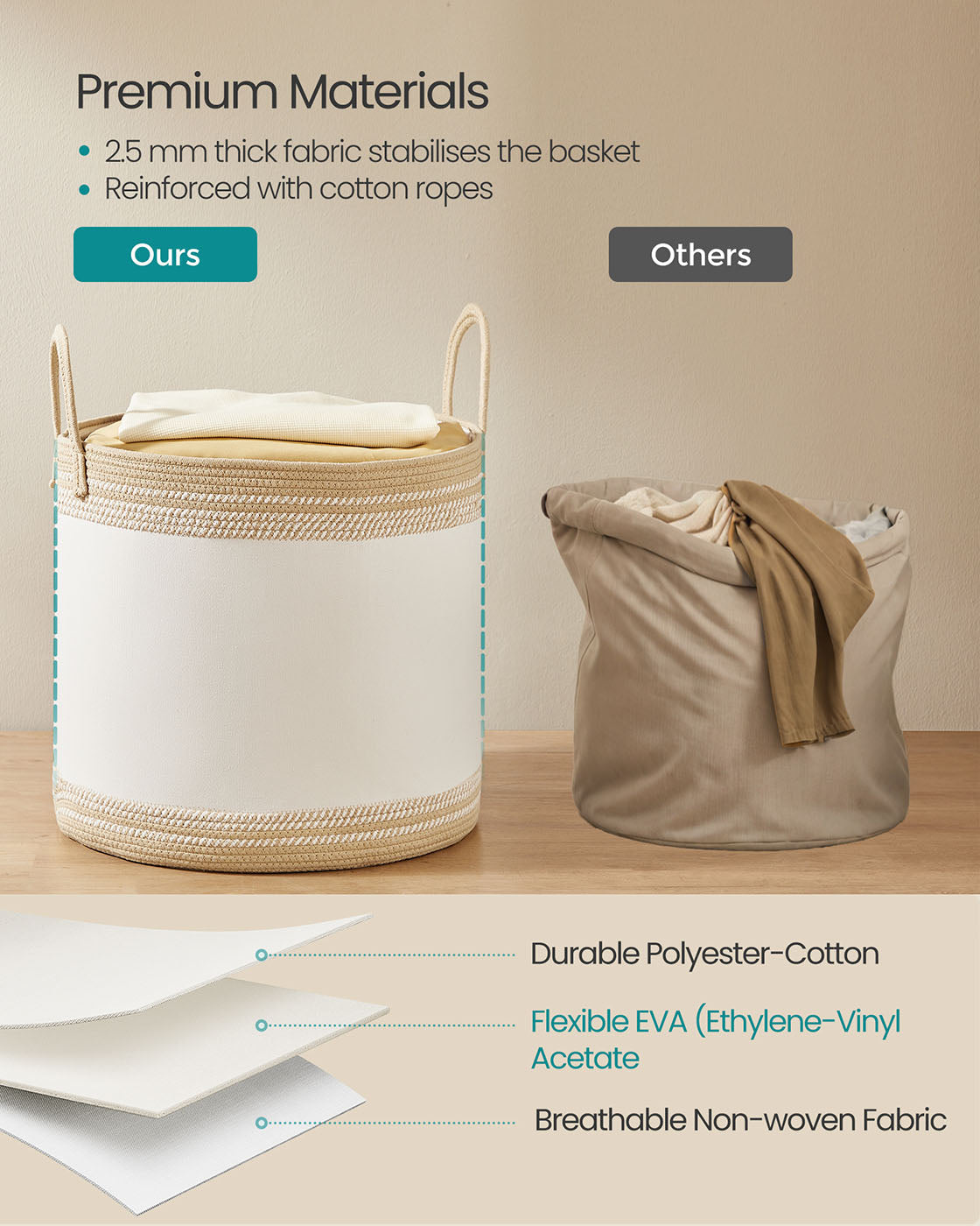 Laundry Hamper – Fabric – Camel Brown – 90 L with Lid and Drawstring Closure