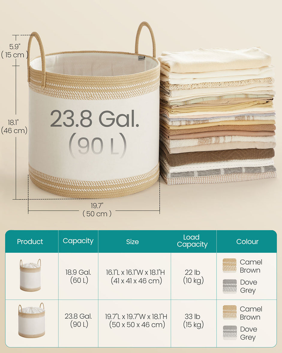 Laundry Hamper – Fabric – Camel Brown – 90 L with Lid and Drawstring Closure