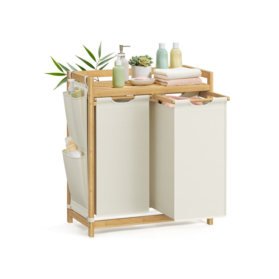 Laundry Basket – Fabric – Cream White – Double Compartment with Shelf and Side Pockets, 100L Capacity