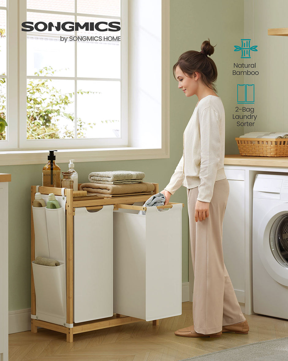 Laundry Basket – Fabric – Cream White – Double Compartment with Shelf and Side Pockets, 100L Capacity