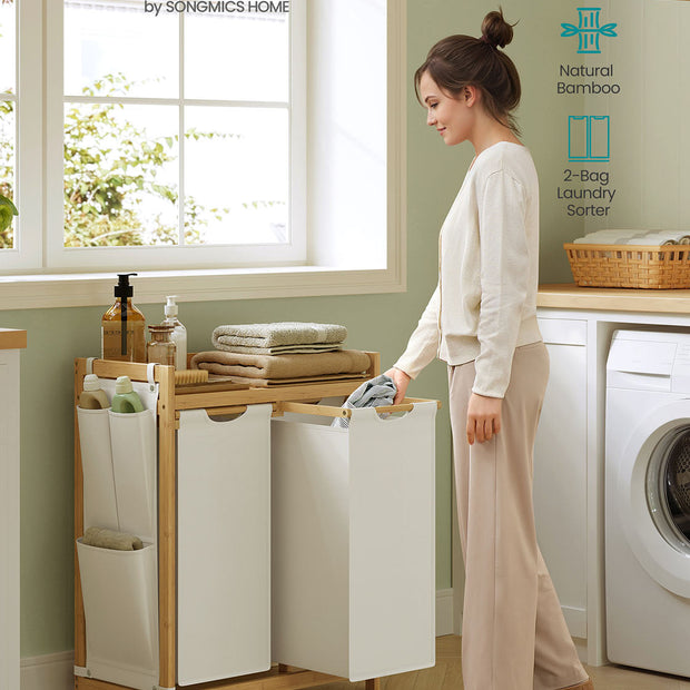 Laundry Basket – Fabric – Cream White – Double Compartment with Shelf and Side Pockets, 100L Capacity