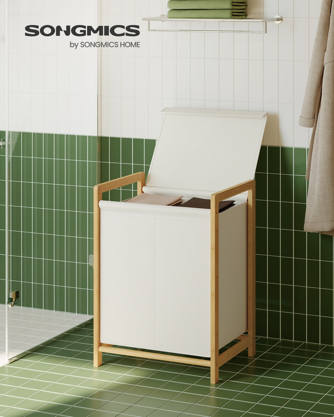 2-Compartment Laundry Basket - 100L - Bamboo Frame - Reinforced Lid - Removable Bag
