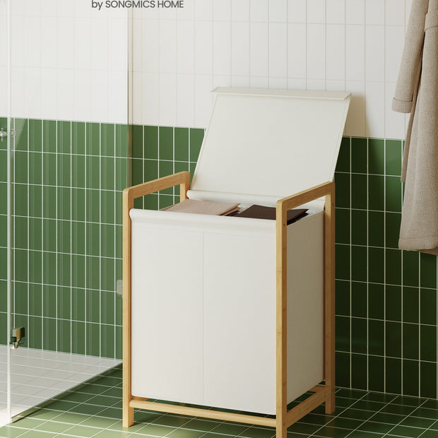 2-Compartment Laundry Basket - 100L - Bamboo Frame - Reinforced Lid - Removable Bag