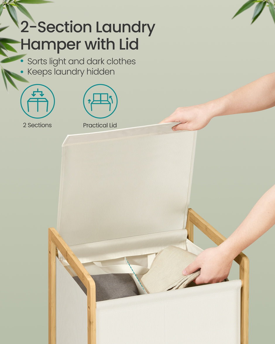2-Compartment Laundry Basket - 100L - Bamboo Frame - Reinforced Lid - Removable Bag