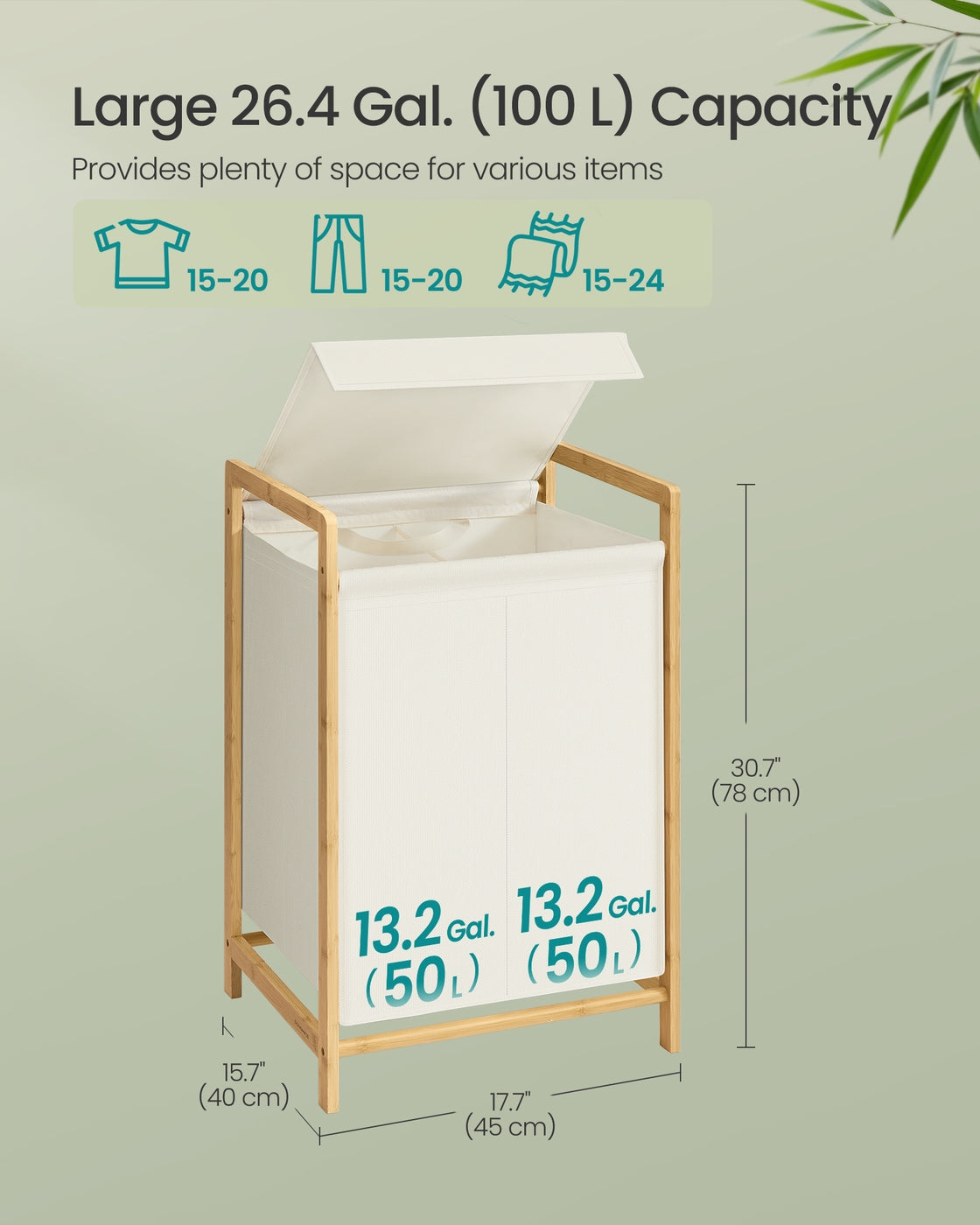 2-Compartment Laundry Basket - 100L - Bamboo Frame - Reinforced Lid - Removable Bag