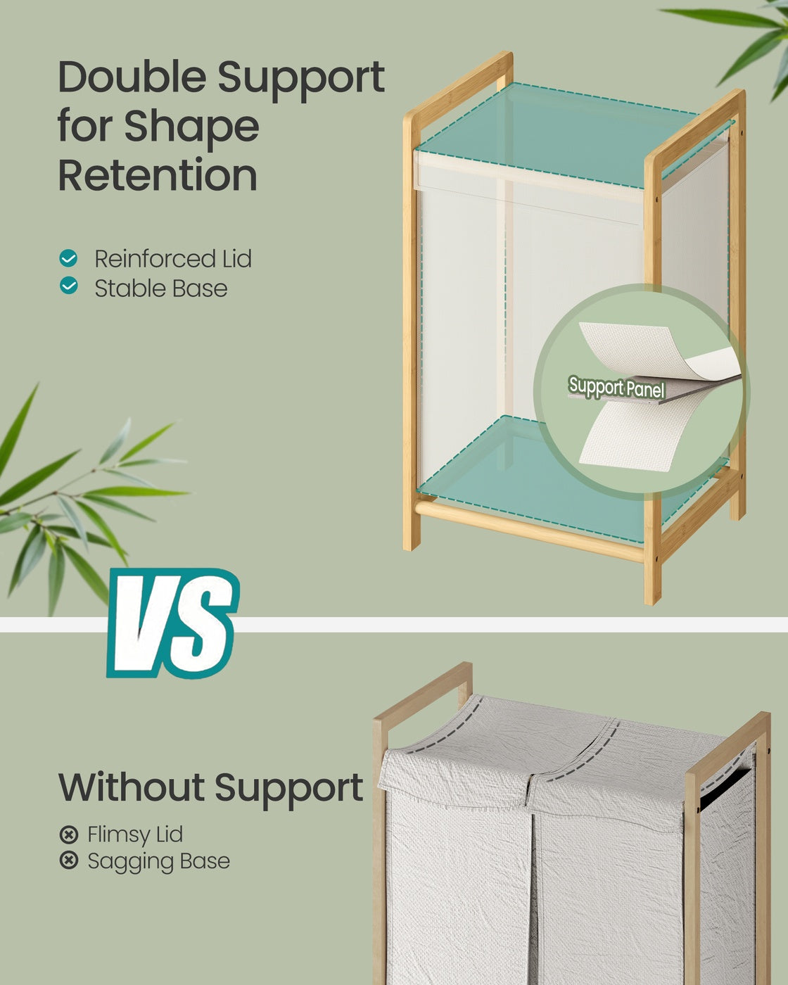 2-Compartment Laundry Basket - 100L - Bamboo Frame - Reinforced Lid - Removable Bag