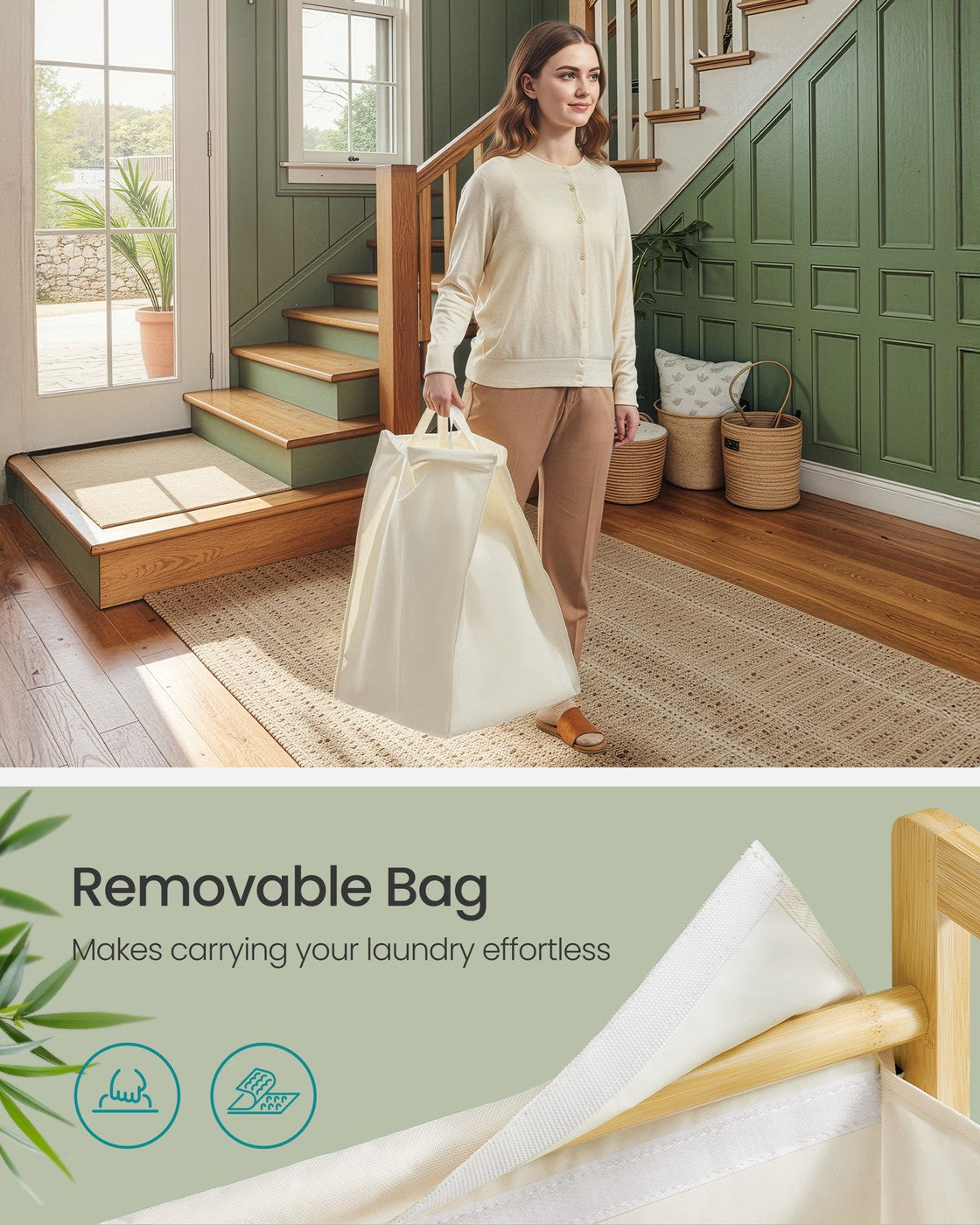 2-Compartment Laundry Basket - 100L - Bamboo Frame - Reinforced Lid - Removable Bag