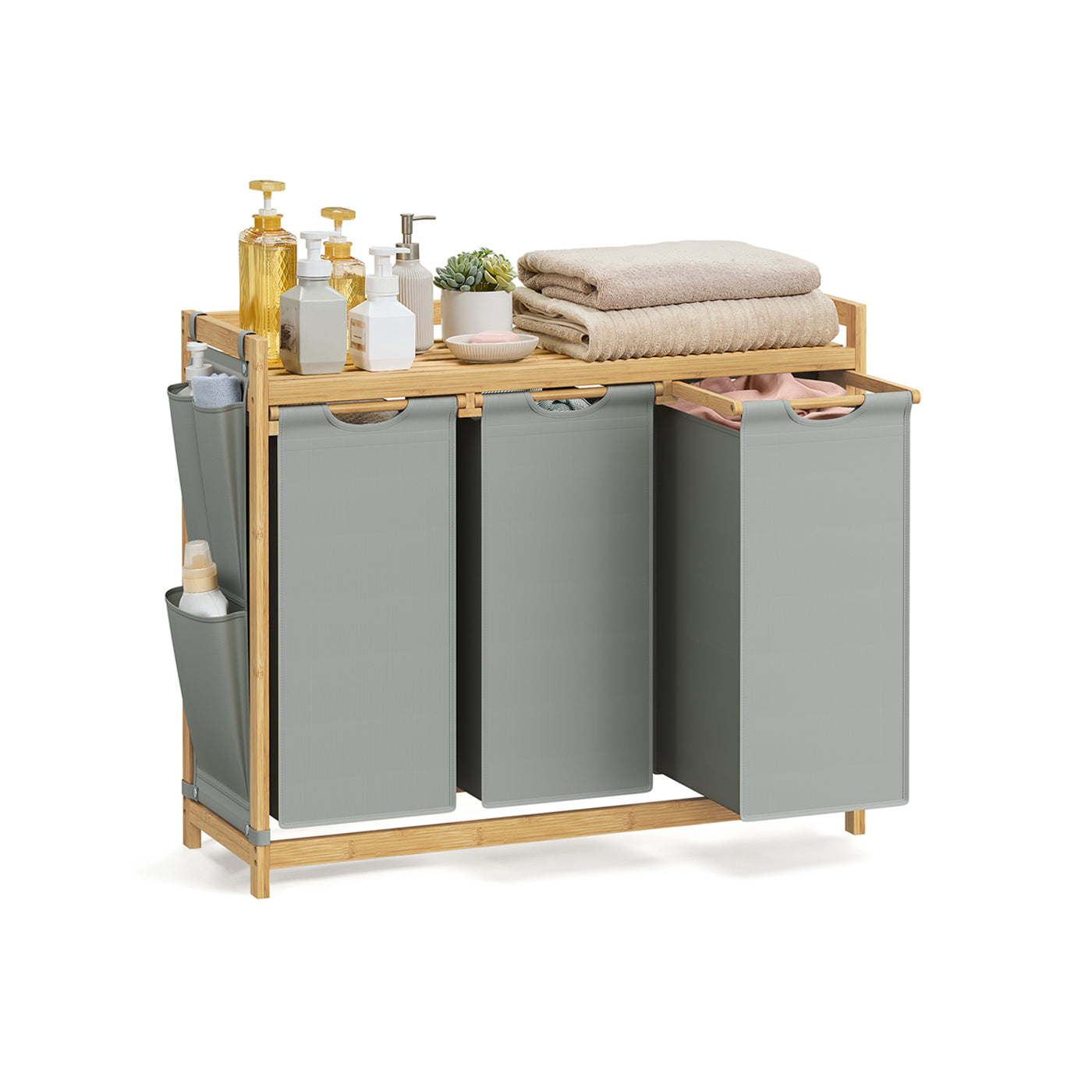 Laundry Basket – Fabric – Dove Grey – 3-Compartment with Shelf & Pockets, 150L Capacity