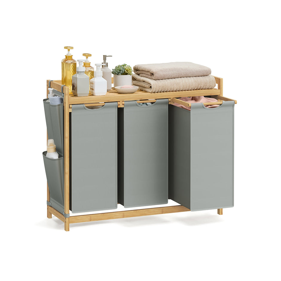Laundry Basket – Fabric – Dove Grey – 3-Compartment with Shelf & Pockets, 150L Capacity