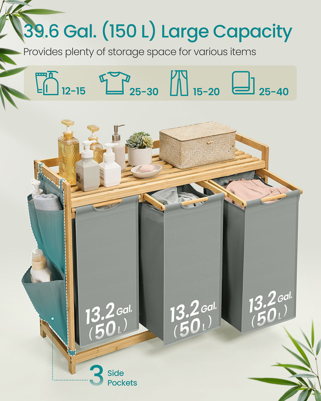 Laundry Basket – Fabric – Dove Grey – 3-Compartment with Shelf & Pockets, 150L Capacity