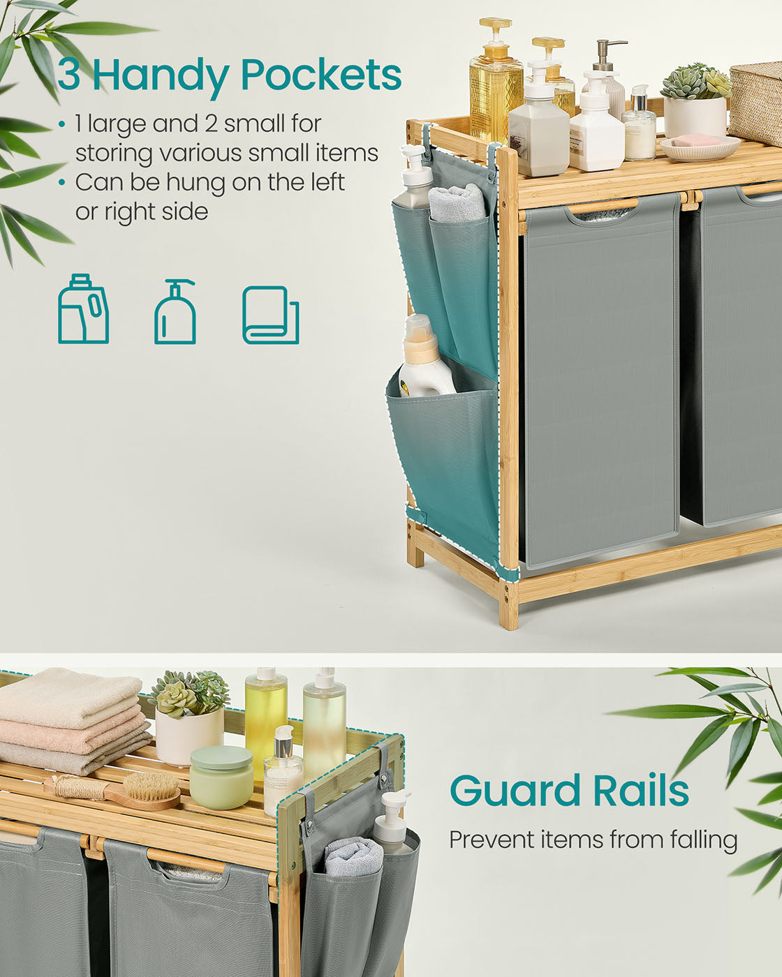 Laundry Basket – Fabric – Dove Grey – 3-Compartment with Shelf & Pockets, 150L Capacity