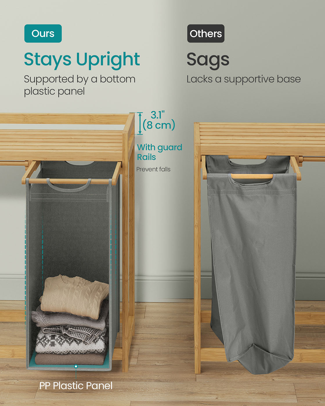 Laundry Basket – Fabric – Dove Grey – 3-Compartment with Shelf & Pockets, 150L Capacity