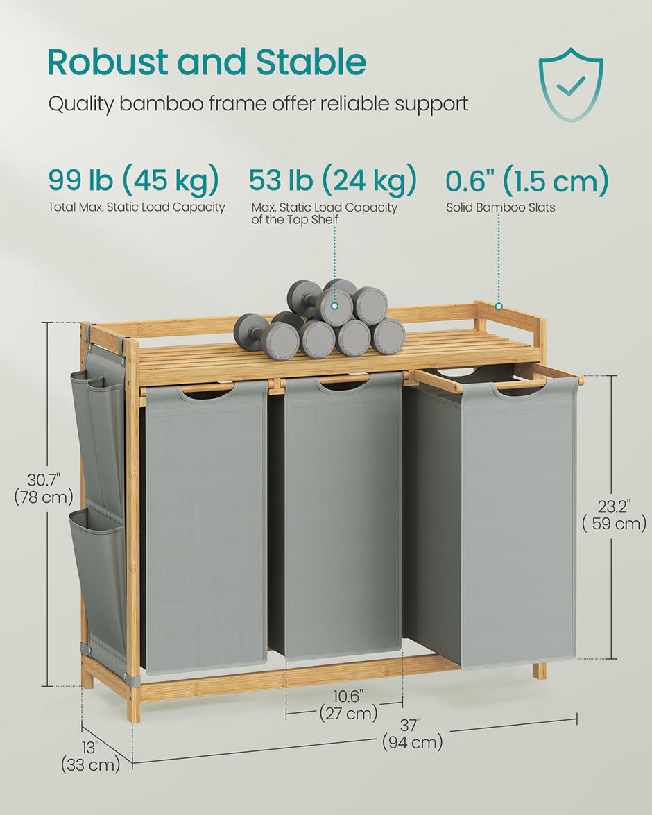 Laundry Basket – Fabric – Dove Grey – 3-Compartment with Shelf & Pockets, 150L Capacity