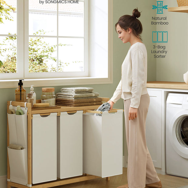 3-Compartment Laundry Hamper – Fabric – Cream White – 150L Capacity with Shelf and Side Pockets