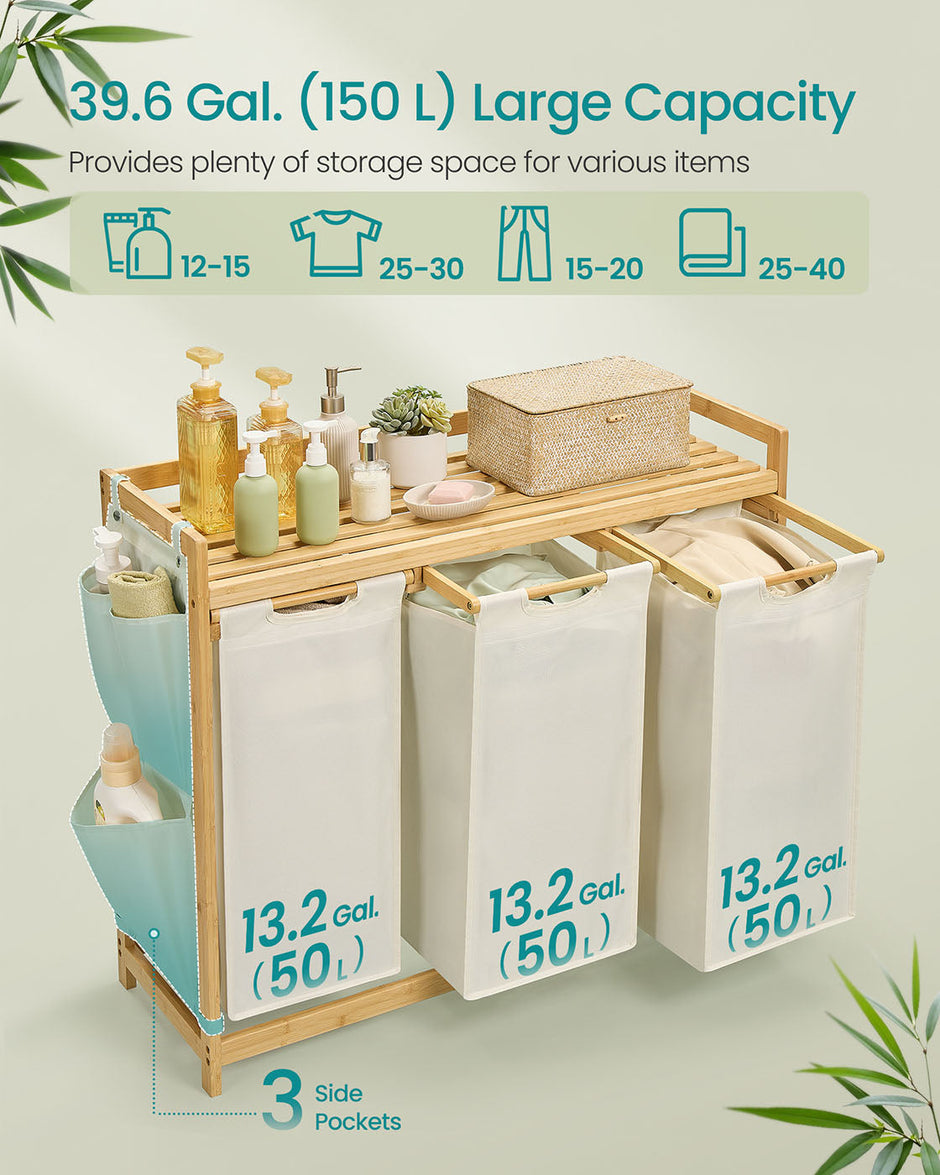3-Compartment Laundry Hamper – Fabric – Cream White – 150L Capacity with Shelf and Side Pockets