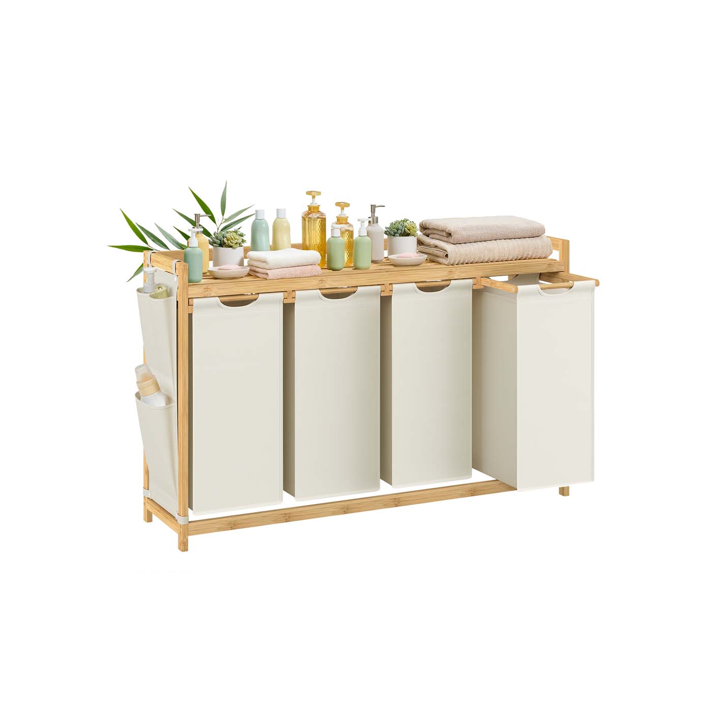 4-Compartment Laundry Basket – Fabric – Cream White – With Shelf and Side Pockets