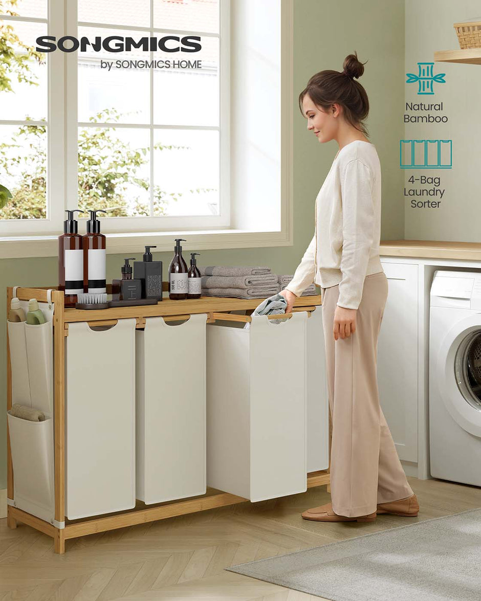 4-Compartment Laundry Basket – Fabric – Cream White – With Shelf and Side Pockets