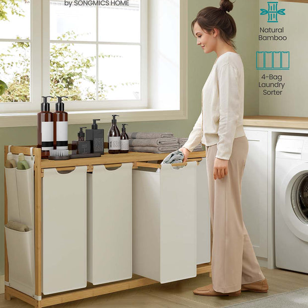 4-Compartment Laundry Basket – Fabric – Cream White – With Shelf and Side Pockets