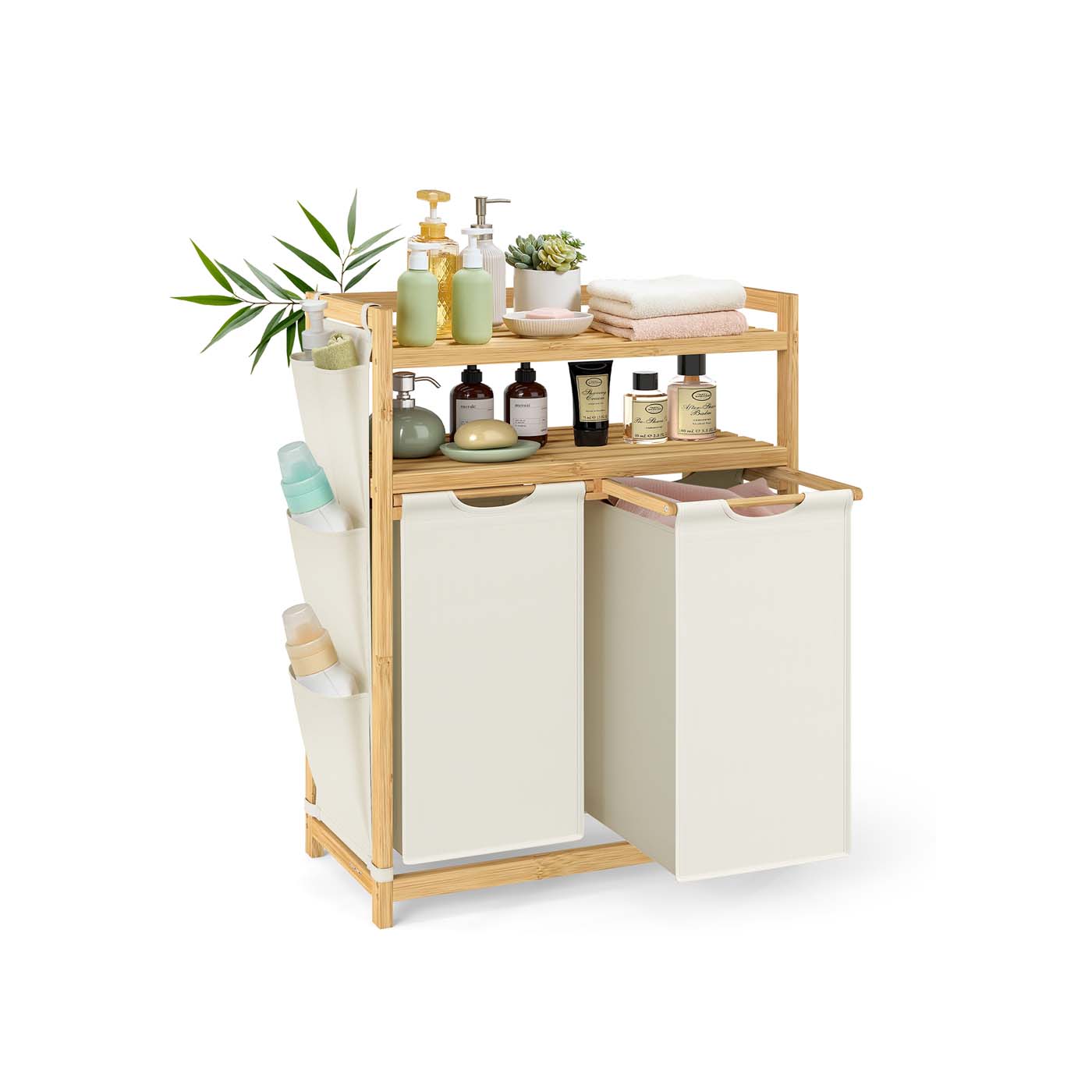 Laundry Hamper – Fabric – Cream White – Multiple Compartments with Shelf and Side Pockets