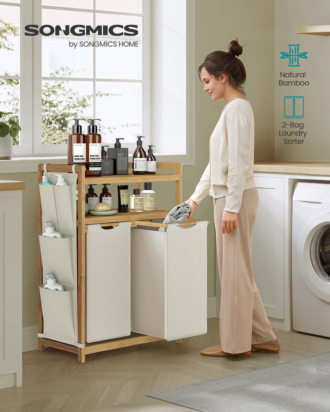 Laundry Hamper – Fabric – Cream White – Multiple Compartments with Shelf and Side Pockets
