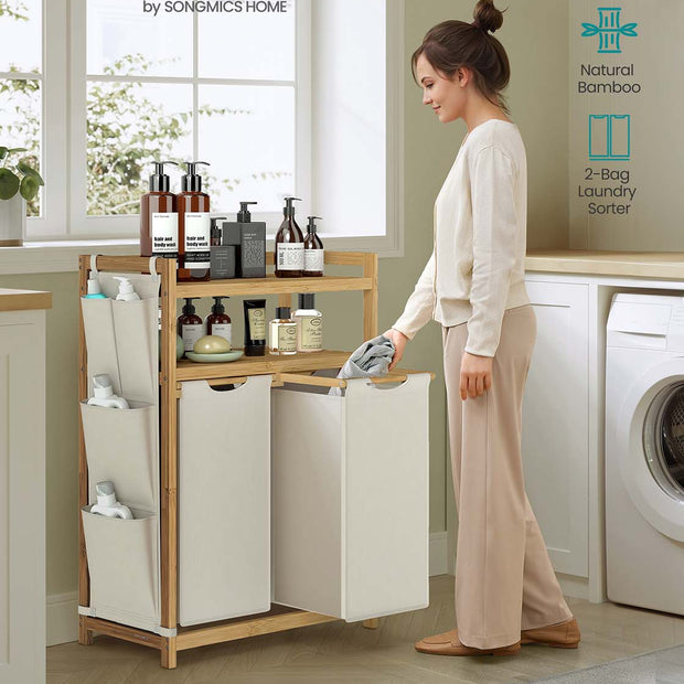 Laundry Hamper – Fabric – Cream White – Multiple Compartments with Shelf and Side Pockets