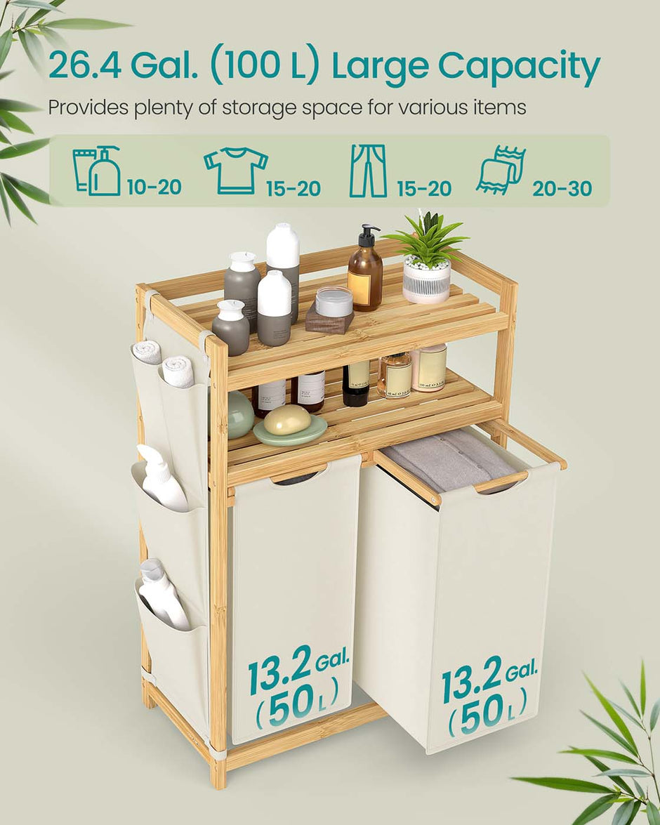 Laundry Hamper – Fabric – Cream White – Multiple Compartments with Shelf and Side Pockets