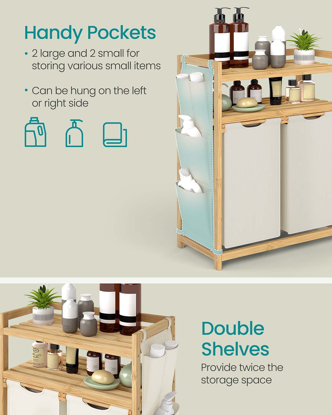 Laundry Hamper – Fabric – Cream White – Multiple Compartments with Shelf and Side Pockets