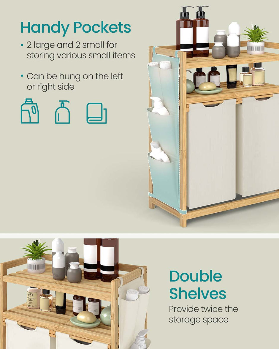 Laundry Hamper – Fabric – Cream White – Multiple Compartments with Shelf and Side Pockets