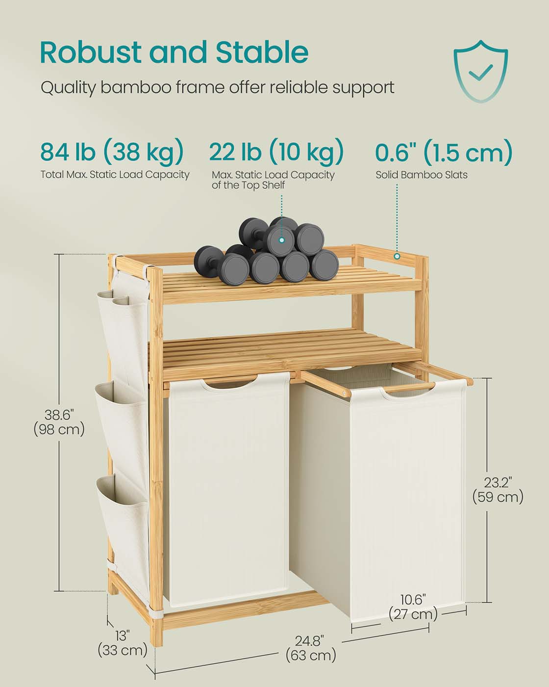 Laundry Hamper – Fabric – Cream White – Multiple Compartments with Shelf and Side Pockets