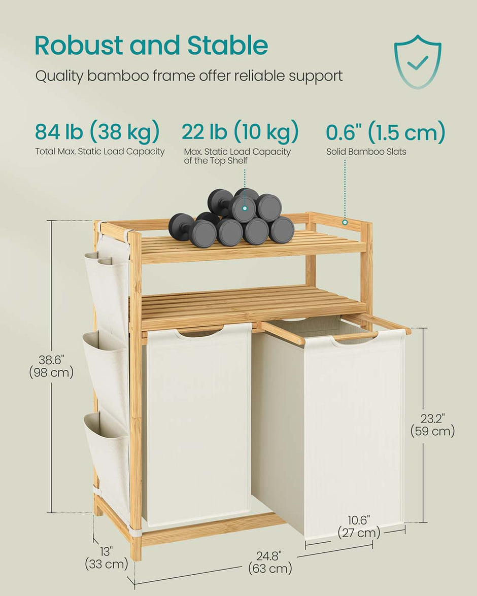 Laundry Hamper – Fabric – Cream White – Multiple Compartments with Shelf and Side Pockets