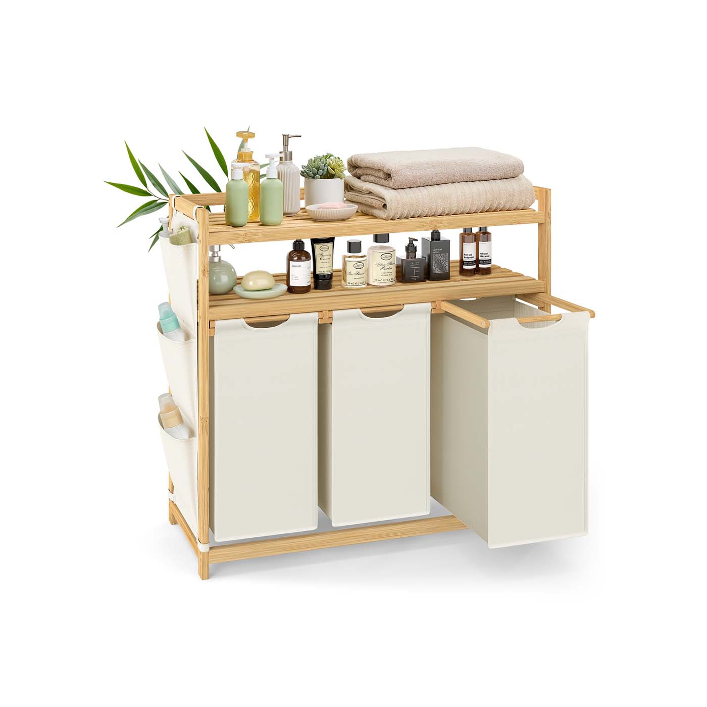 Laundry Hamper – Fabric – Cream White – Multiple Compartments with Shelf and Side Pockets