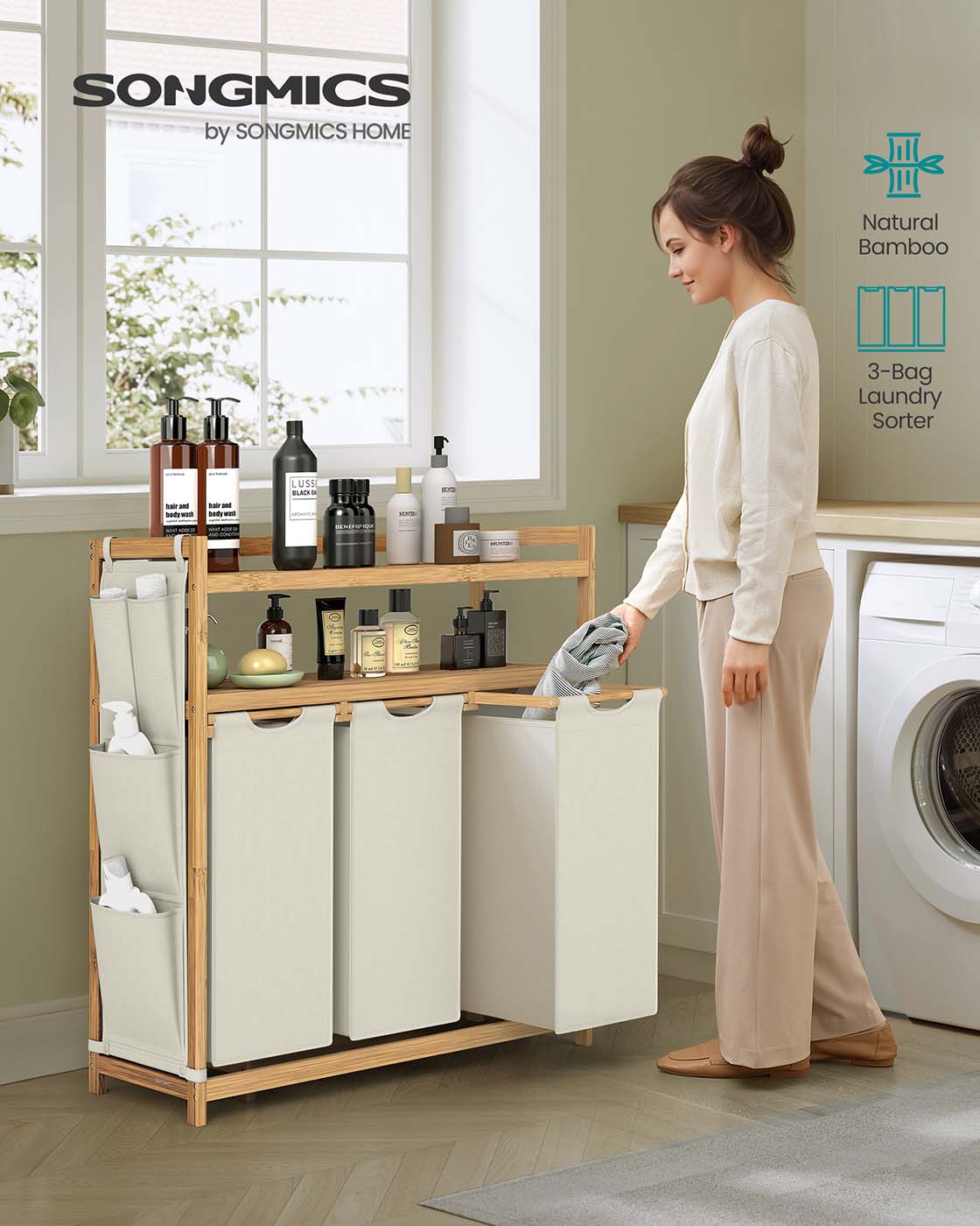 Laundry Hamper – Fabric – Cream White – Multiple Compartments with Shelf and Side Pockets