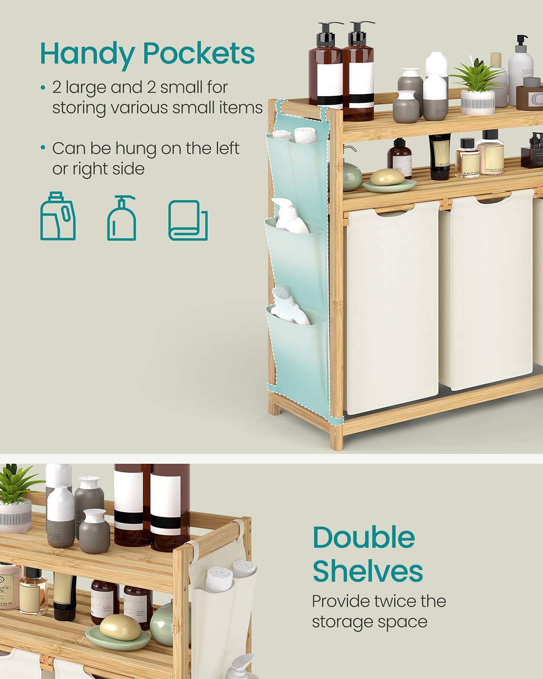 Laundry Hamper – Fabric – Cream White – Multiple Compartments with Shelf and Side Pockets