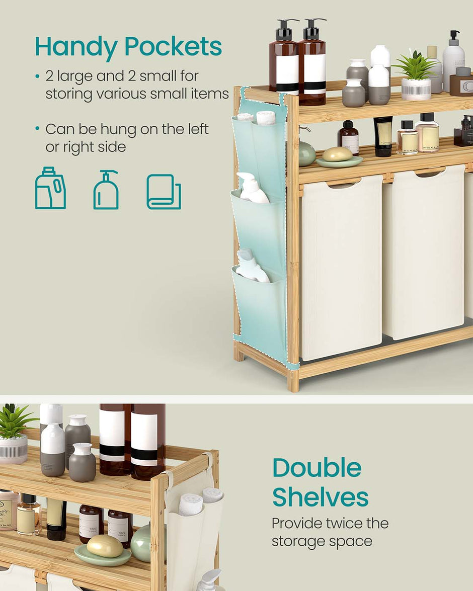Laundry Hamper – Fabric – Cream White – Multiple Compartments with Shelf and Side Pockets