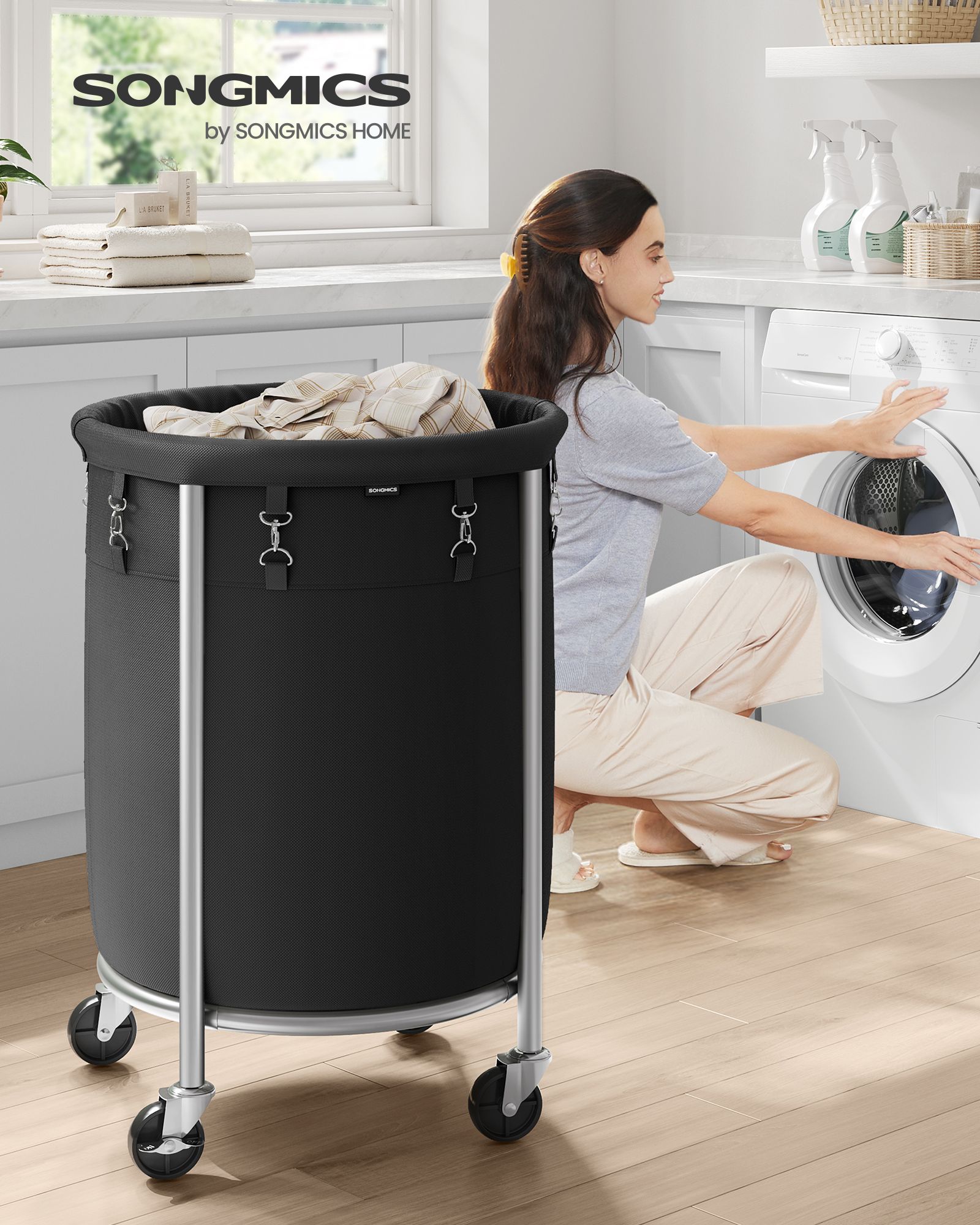 Round Laundry Hamper – Steel Frame – Grey – Removable Bag with Wheels