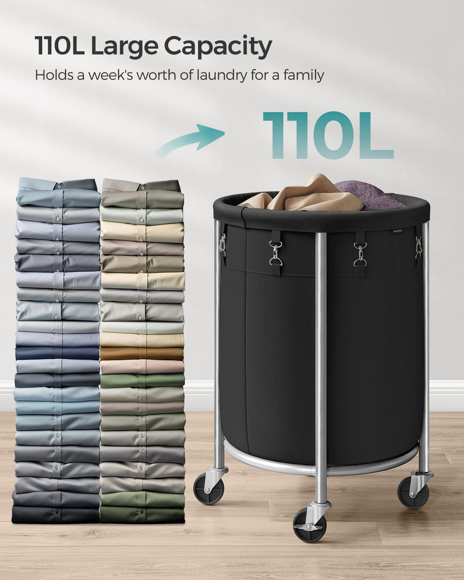 Round Laundry Hamper – Steel Frame – Grey – Removable Bag with Wheels