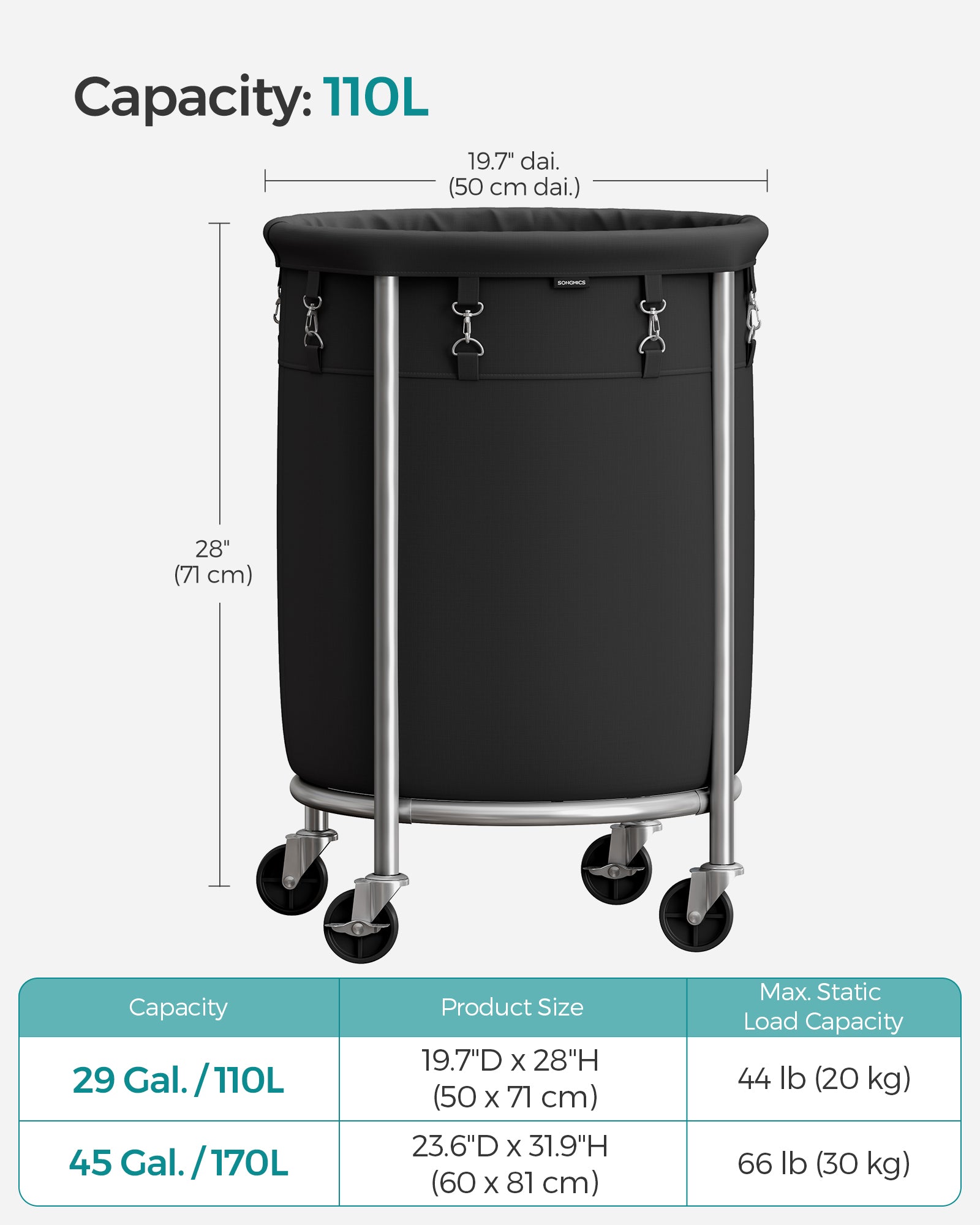 Round Laundry Hamper – Steel Frame – Grey – Removable Bag with Wheels