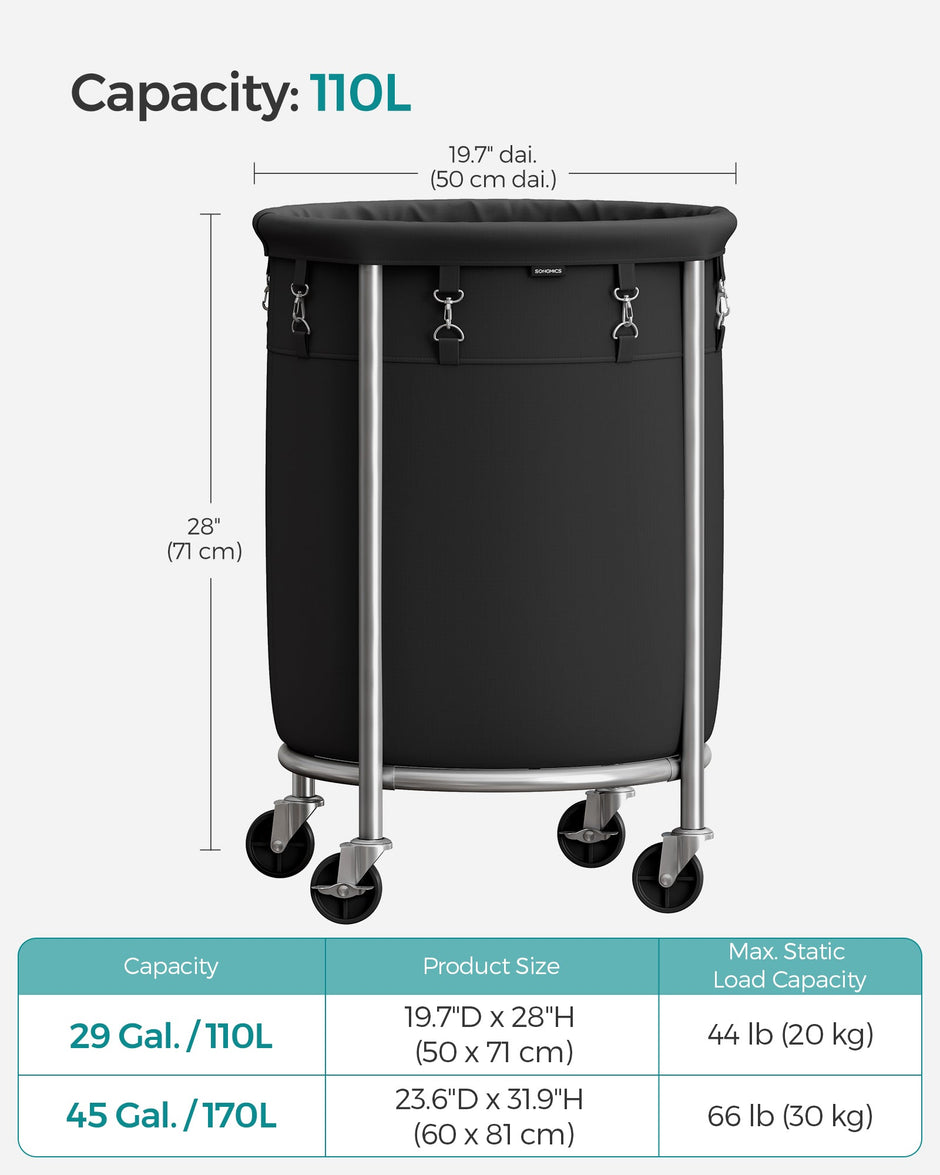 Round Laundry Hamper – Steel Frame – Grey – Removable Bag with Wheels