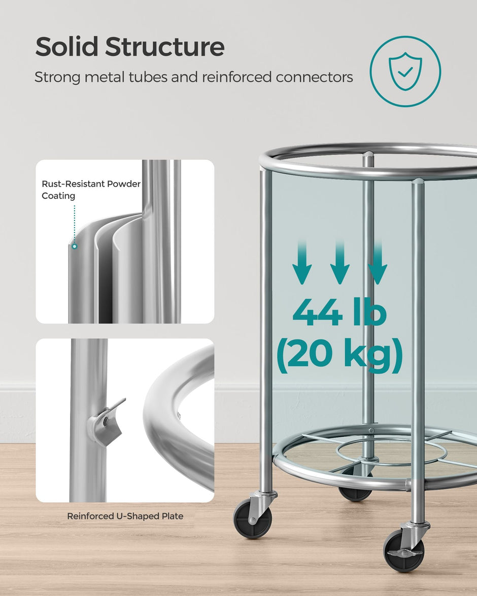 Round Laundry Hamper – Steel Frame – Grey – Removable Bag with Wheels