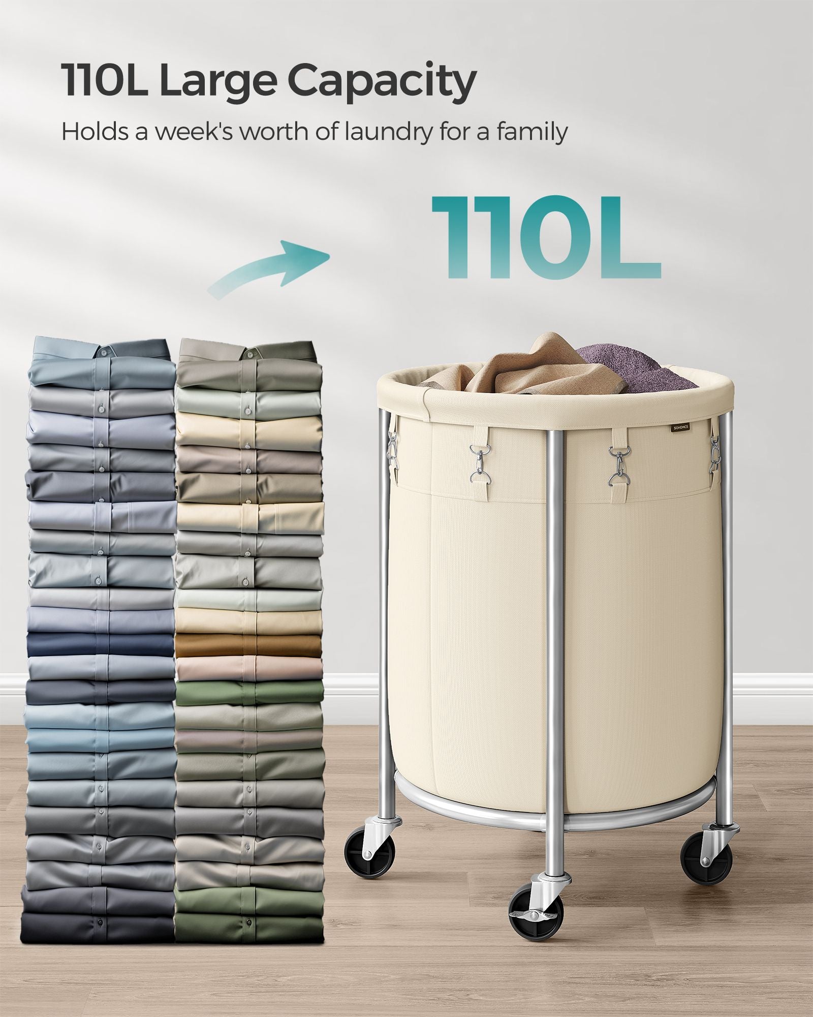 Laundry Trolley – Steel Frame – Gray – 110L Capacity with Removable Bag and Wheels