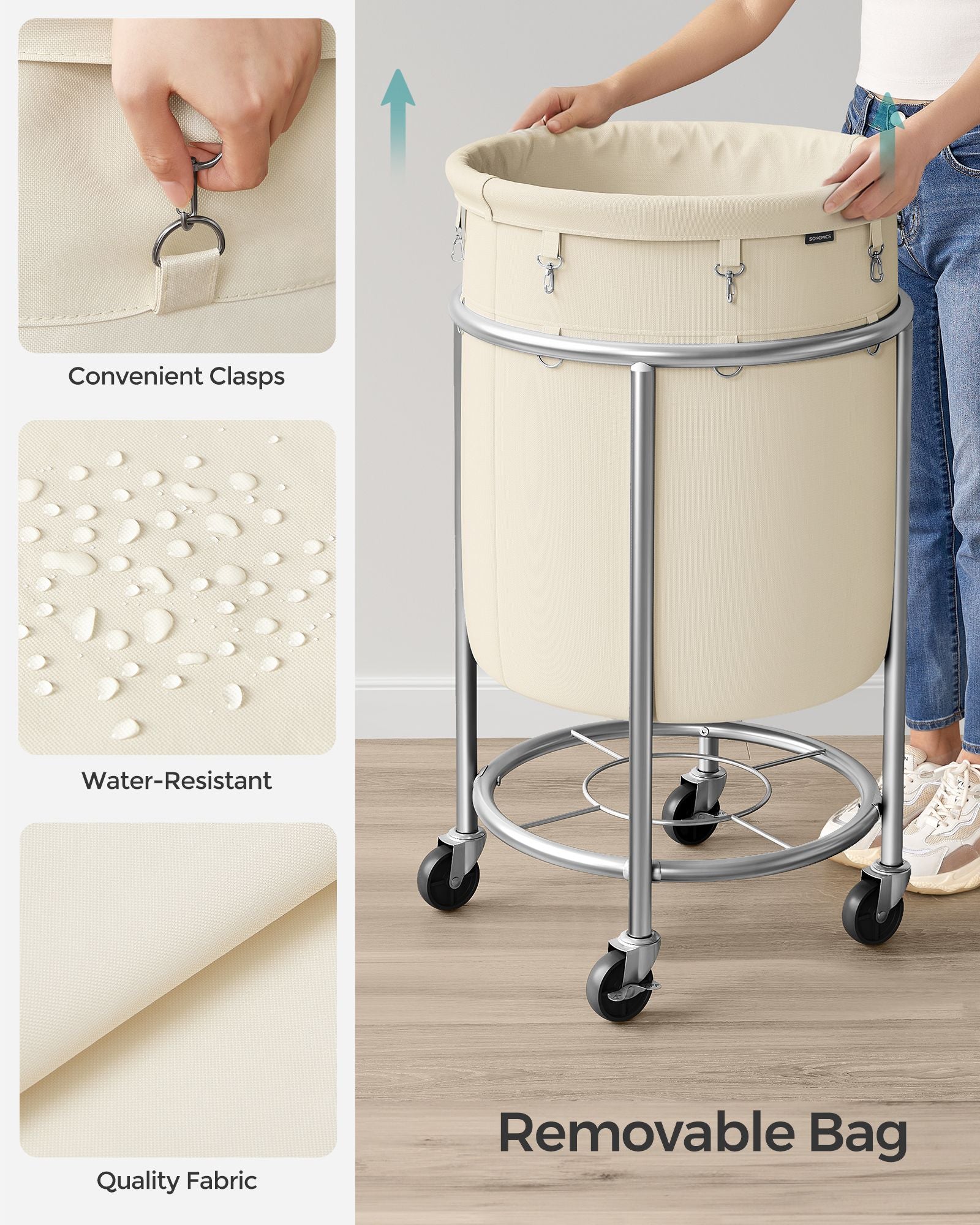 Laundry Trolley – Steel Frame – Gray – 110L Capacity with Removable Bag and Wheels