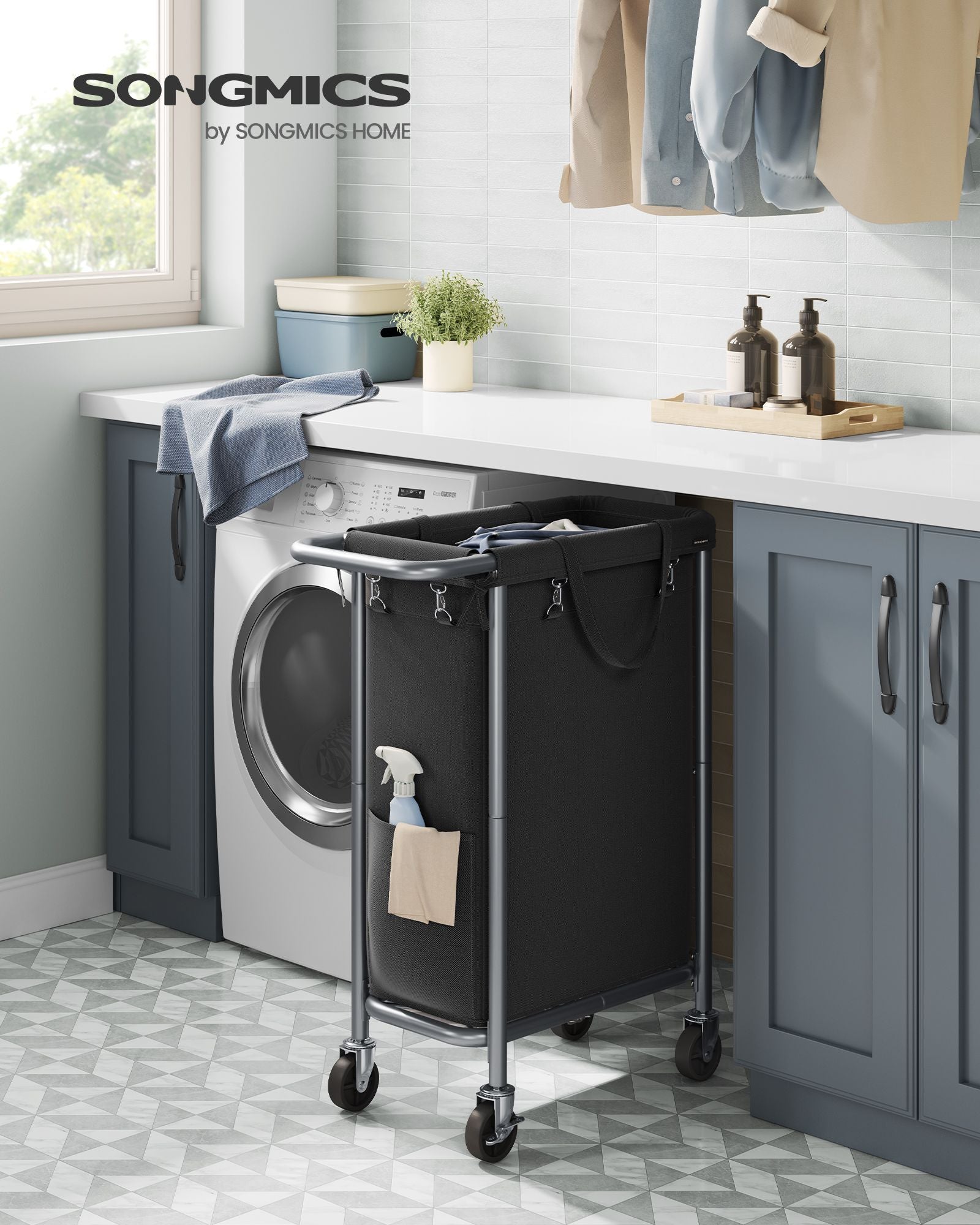 Laundry Basket – Steel – Ink Black – 90L with Removable Liner and Wheels
