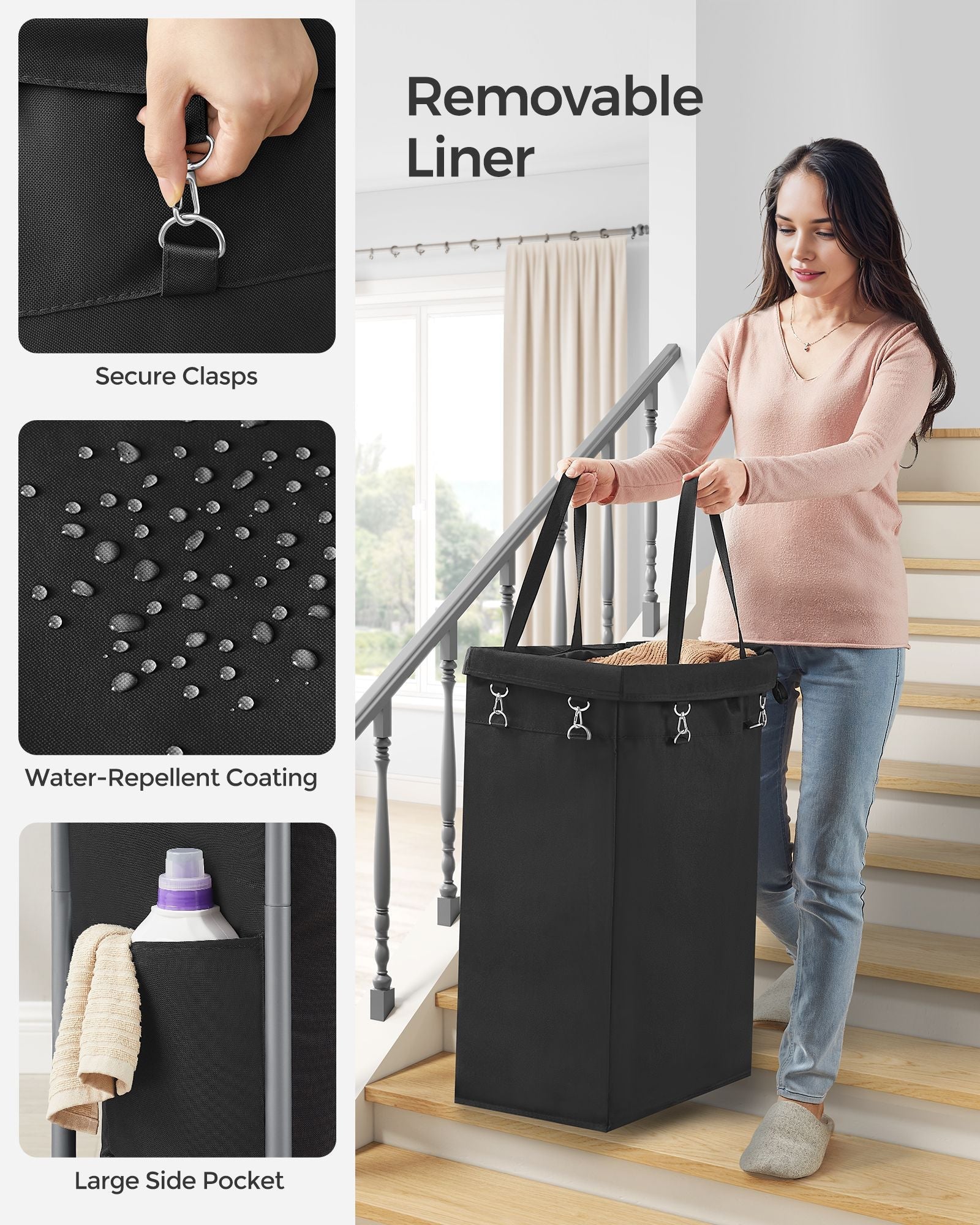 Laundry Basket – Steel – Ink Black – 90L with Removable Liner and Wheels