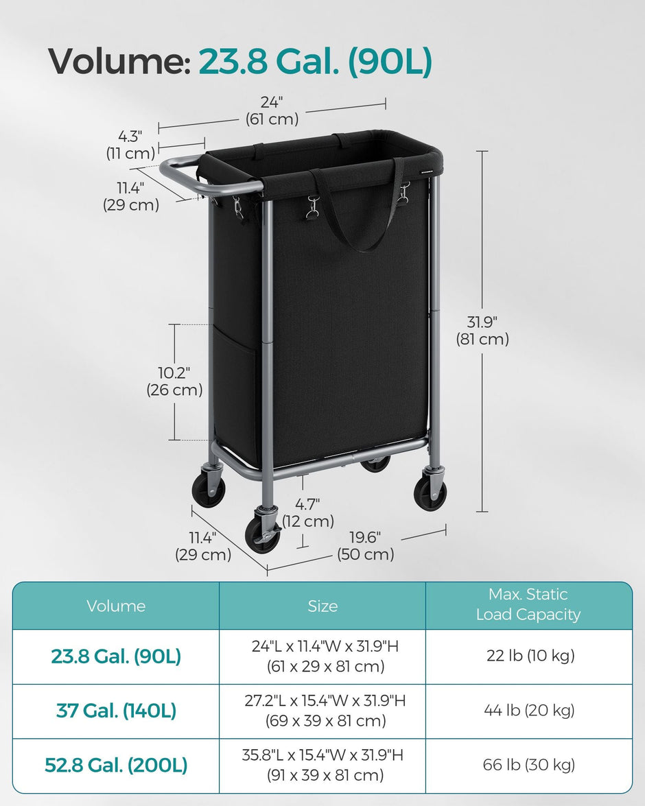 Laundry Basket – Steel – Ink Black – 90L with Removable Liner and Wheels