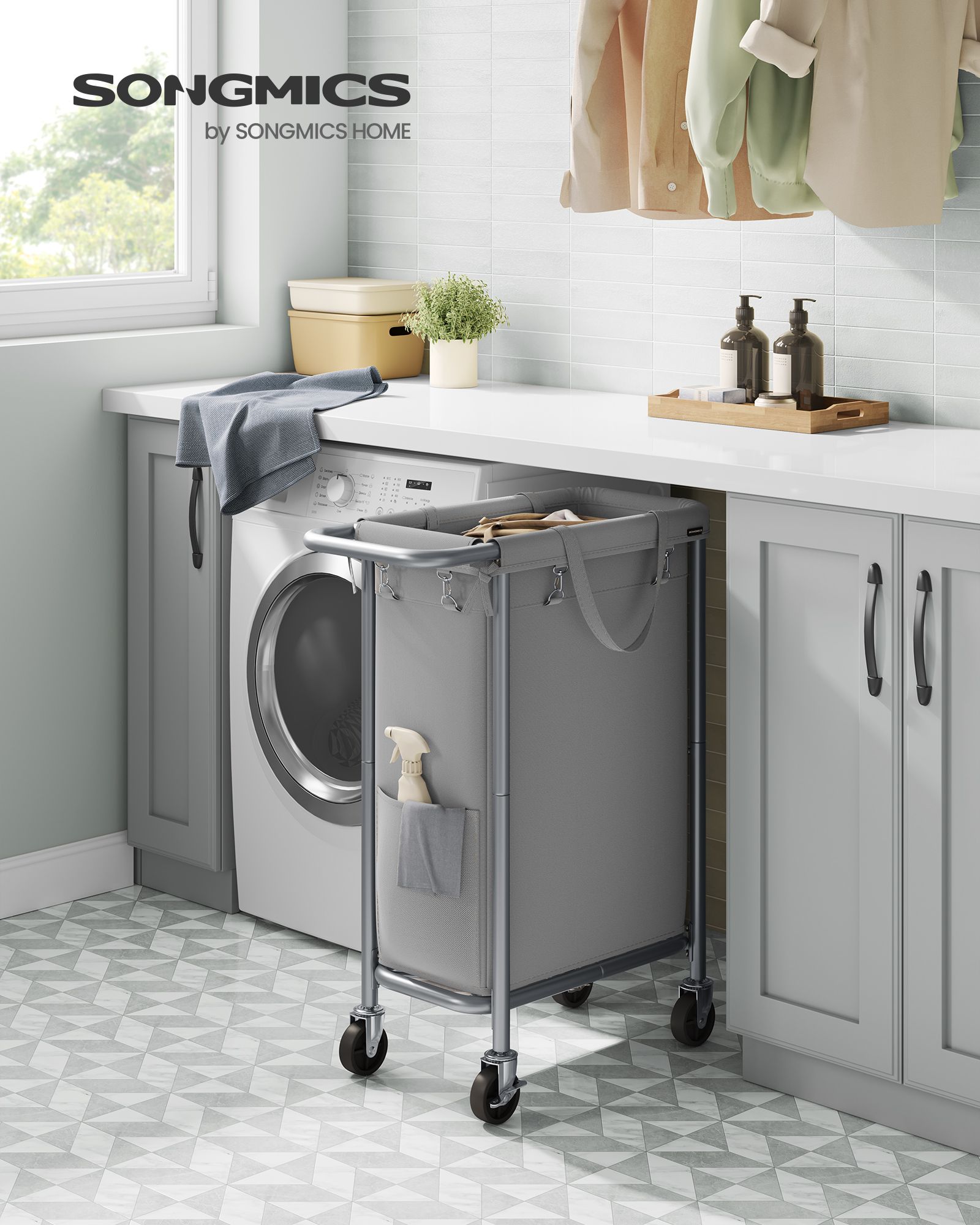 Laundry Basket – Steel Frame – Dove Grey – 90L Capacity with Removable Liner and Wheels