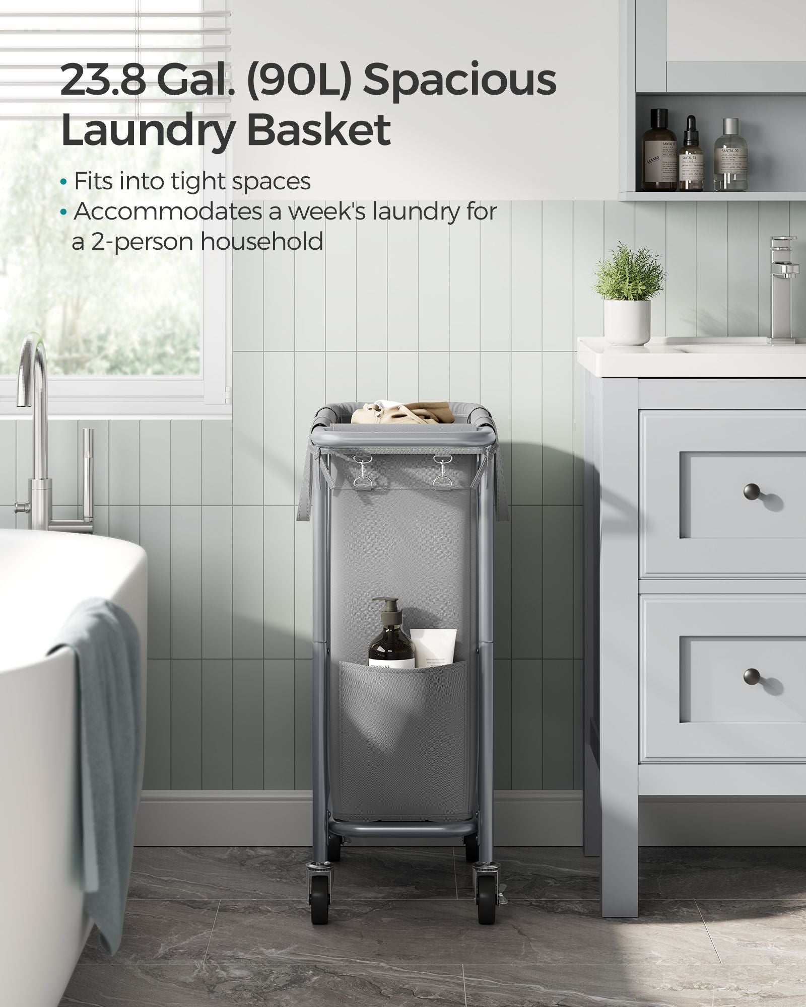 Laundry Basket – Steel Frame – Dove Grey – 90L Capacity with Removable Liner and Wheels