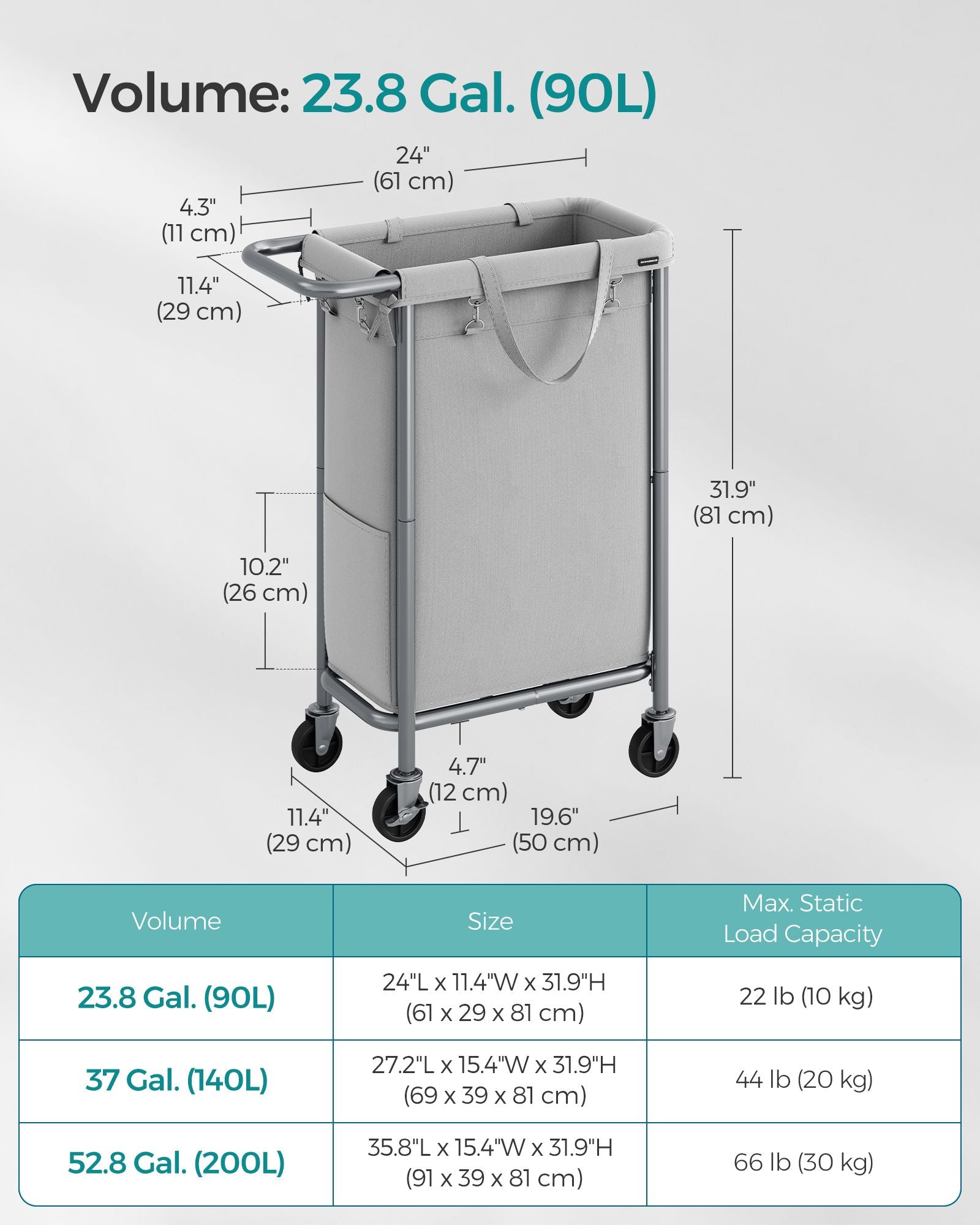 Laundry Basket – Steel Frame – Dove Grey – 90L Capacity with Removable Liner and Wheels