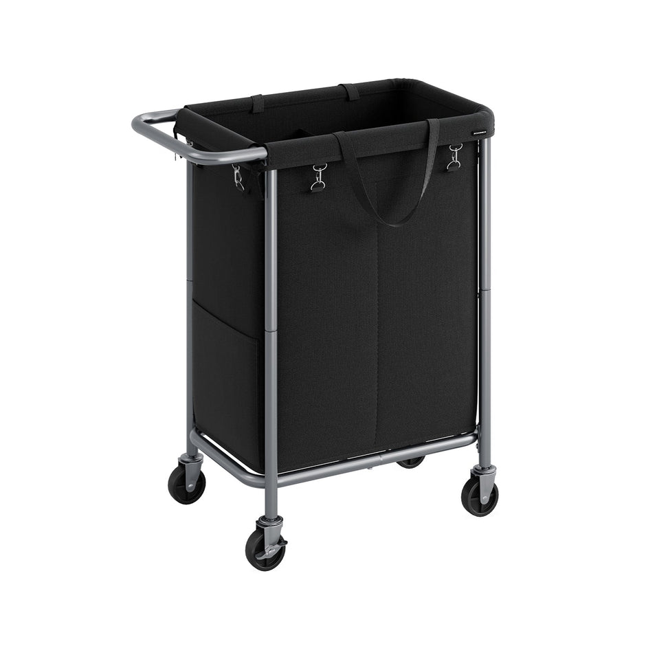 Laundry Basket – Steel – Ink Black – 2-Compartment with Removable Liner and Wheels