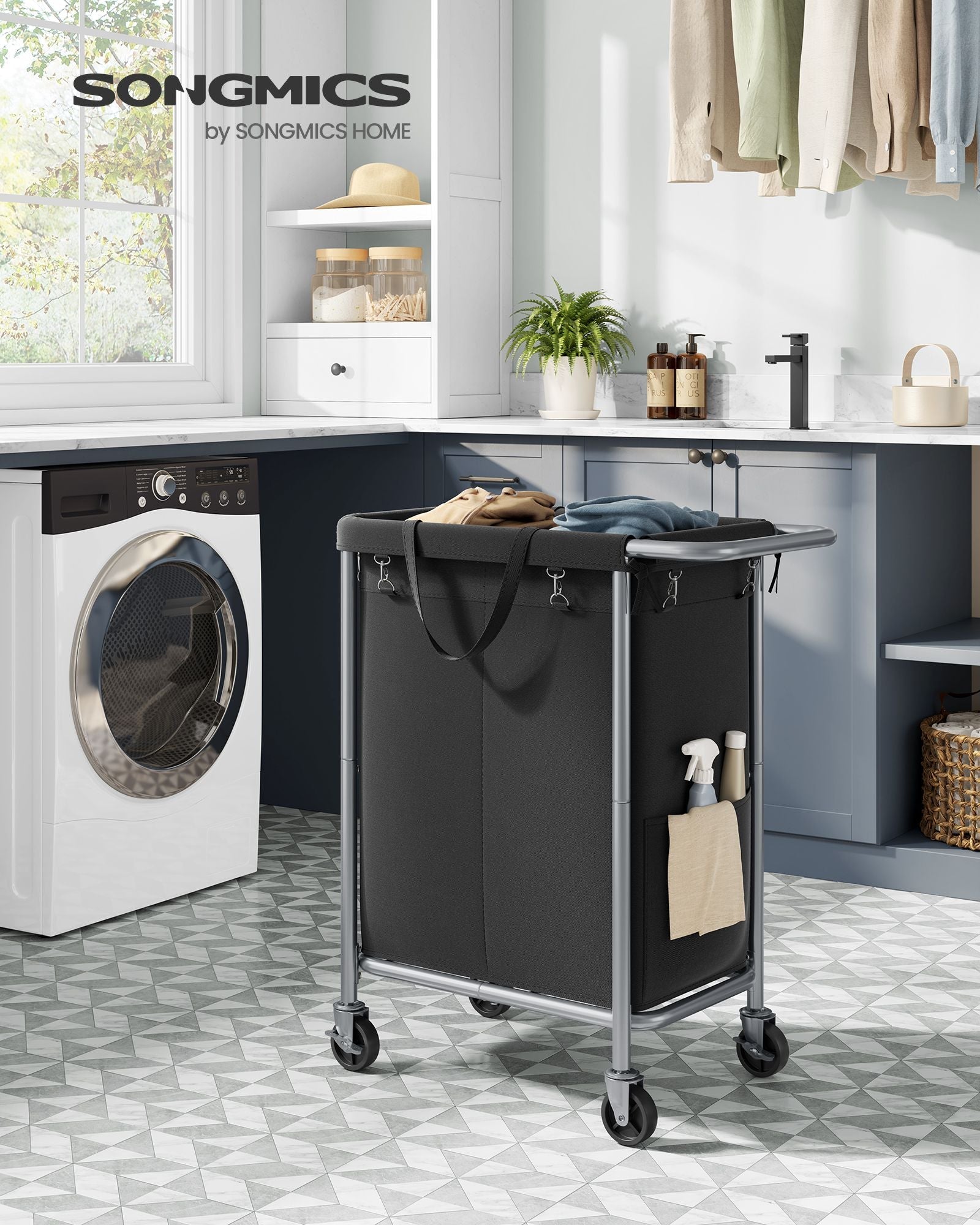 Laundry Basket – Steel – Ink Black – 2-Compartment with Removable Liner and Wheels